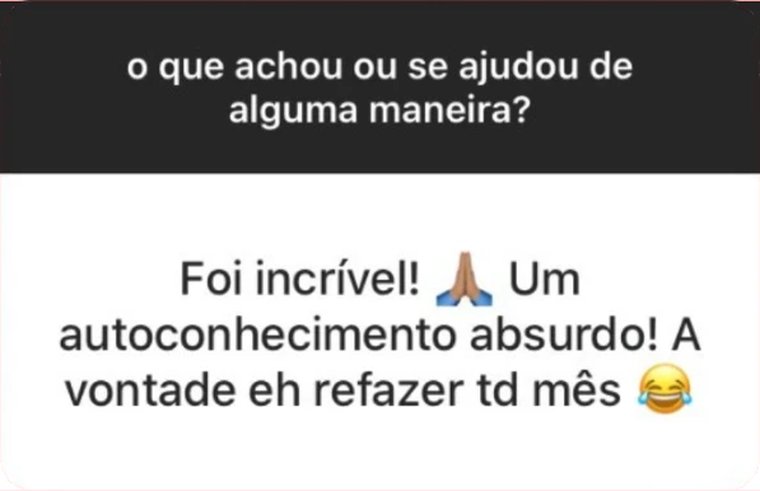 Feedback de cliente sobre leitura astrológica: “Foi incrível! Um autoconhecimento absurdo! A vontade eh refazer td mês”